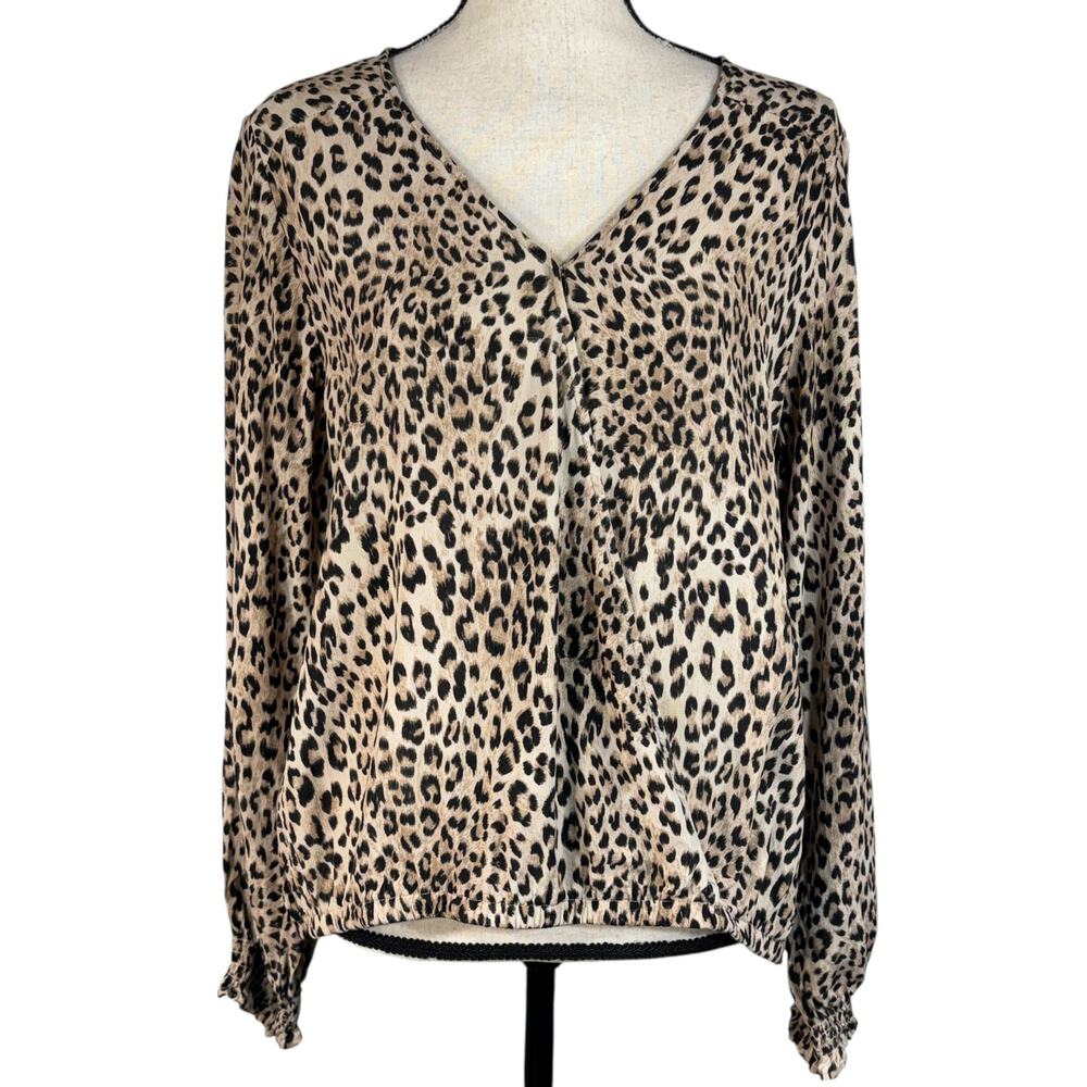 Sanctuary Large Top Leopard Print Surplice V-Neck Long Balloon Sleeves Pullover